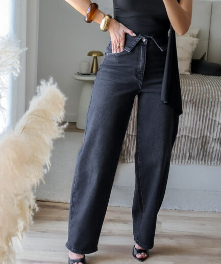 Calças Ganga Efeito Cós Dobrado Preto